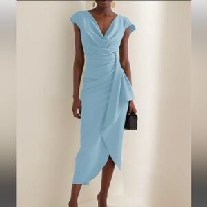 Blue Cowl Neck Ruched Cap Sleeve Sheath Midi Dress | size small | brand new!